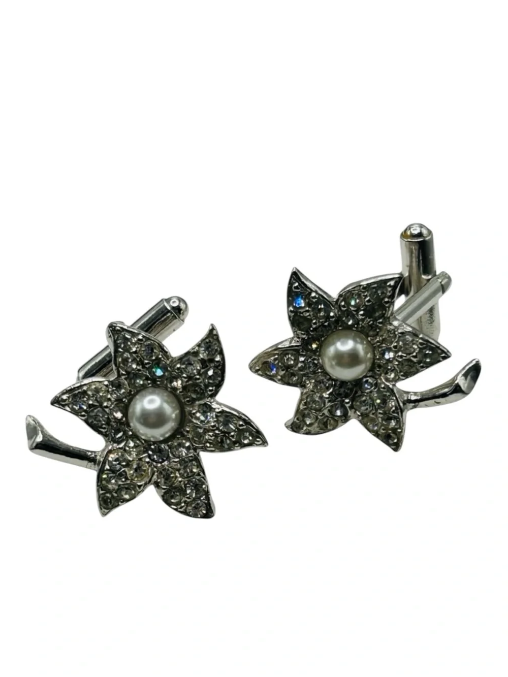 Vintage Flower Rhinestone Faux Pearl Cuff Links Unisex